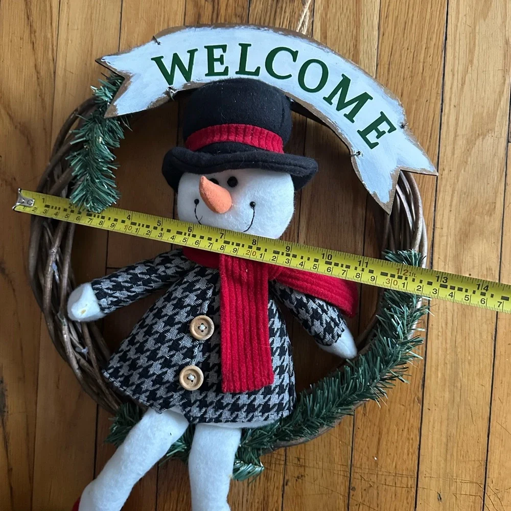 Christmas Stuffed Snowman WELCOME Door Wreath w. Red Scarf & Vines. Wood Sign.